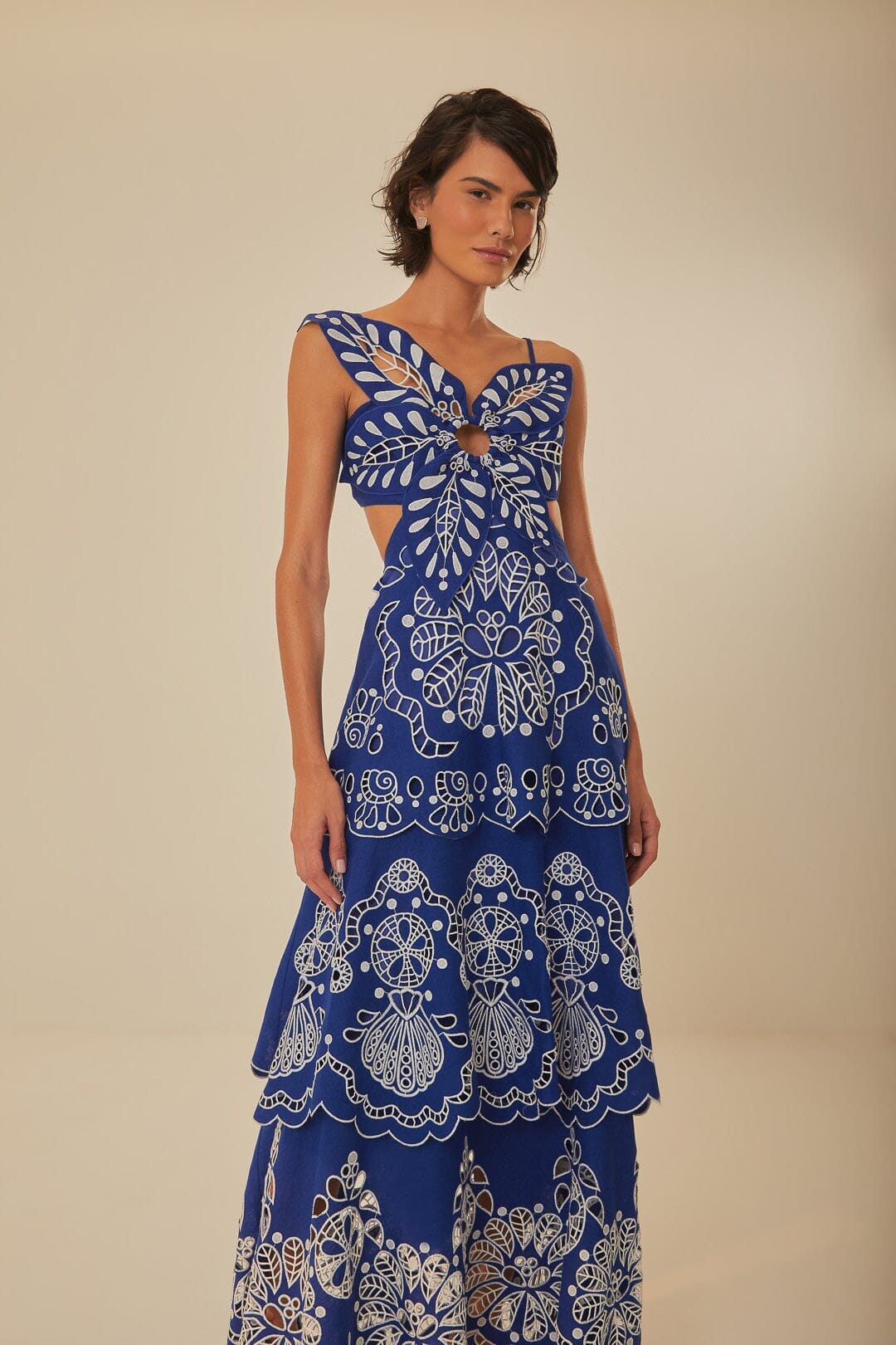 Blue Flower Richelieu Euroflax Premium Linen Midi Dress FARM Rio Blue Flower Richelieu Euroflax Premium Linen Midi Dress FARM Rio