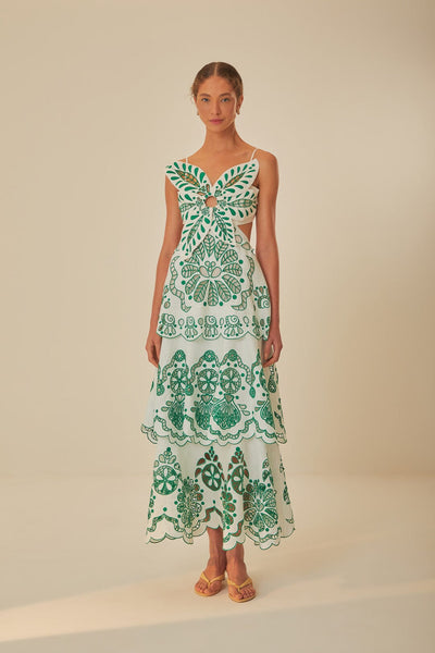 farm rio off-white cross stitch richelieu sunflower midi dress Off-White Richelieu Sunflower Midi Dress  FARM Rio