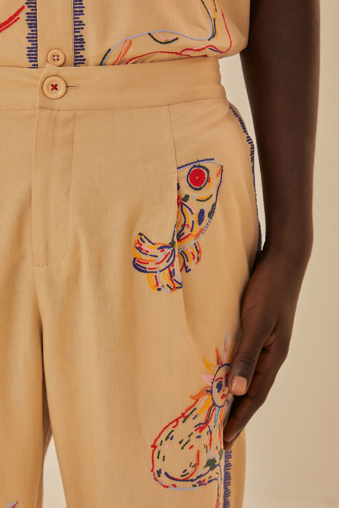 Khaki Embroidered Pants