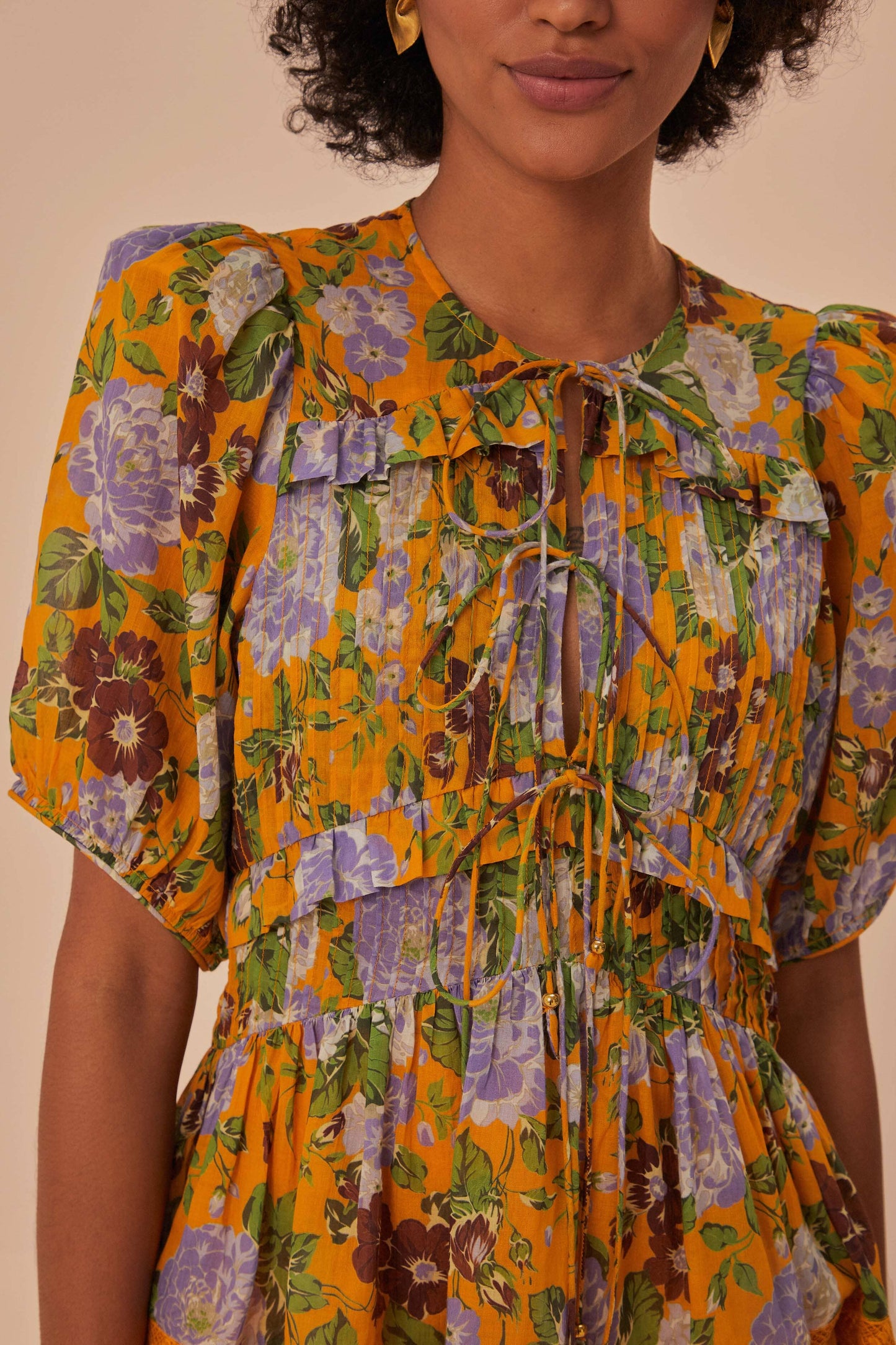 Mustard Capri Floral Short Sleeve Blouse