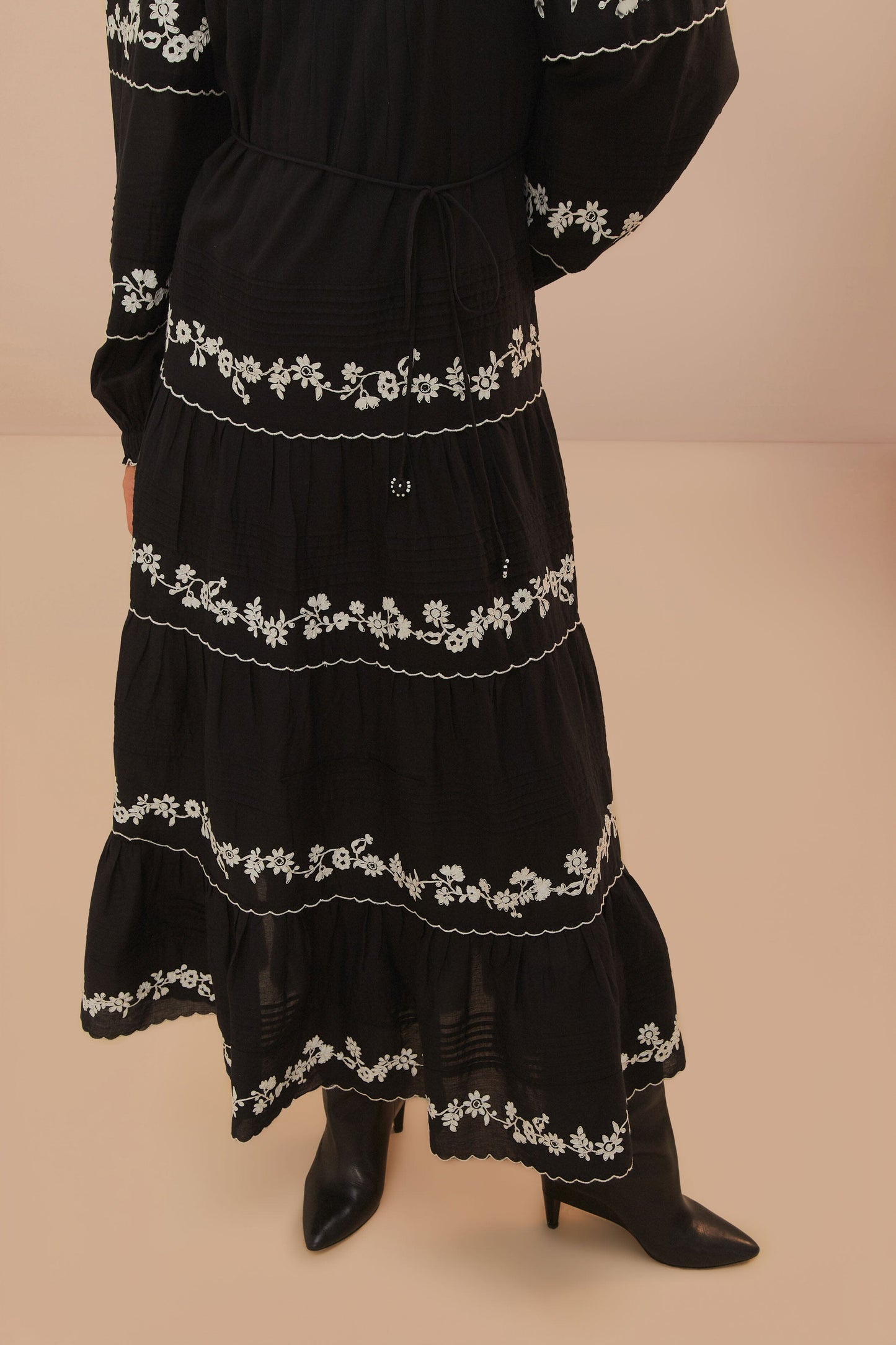 Black And White Embroidered Long Sleeve Maxi Dress