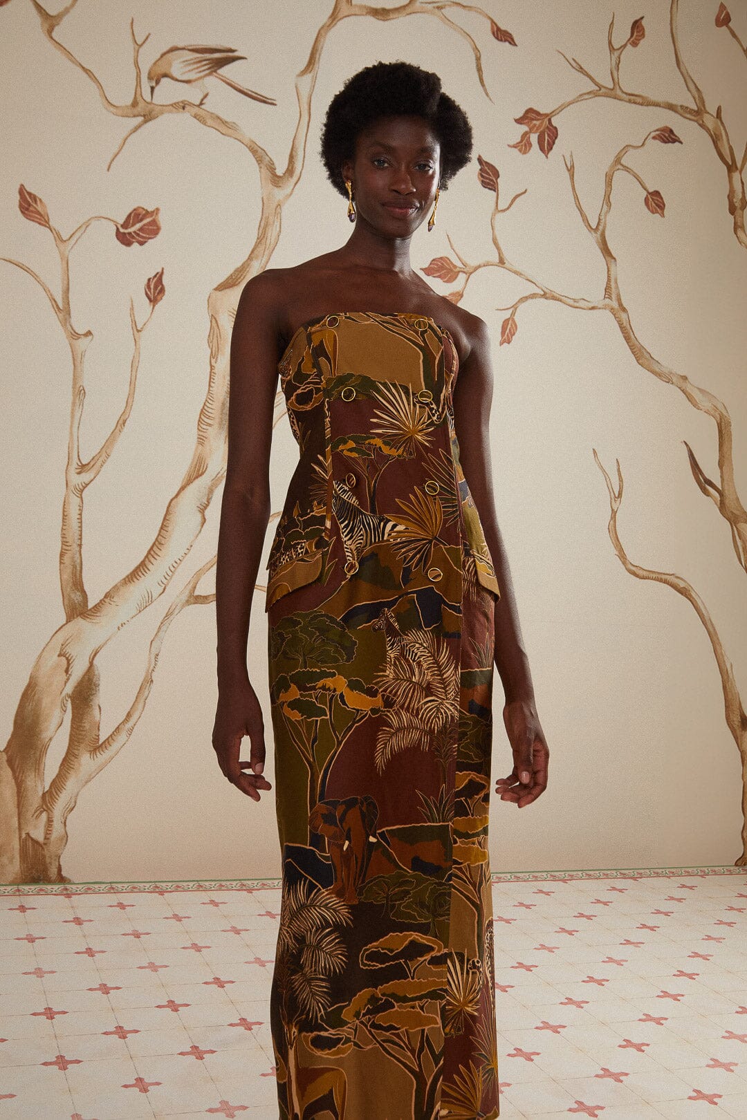 Robe mi-longue boutonnée sans bretelles Savana Dream Caramel