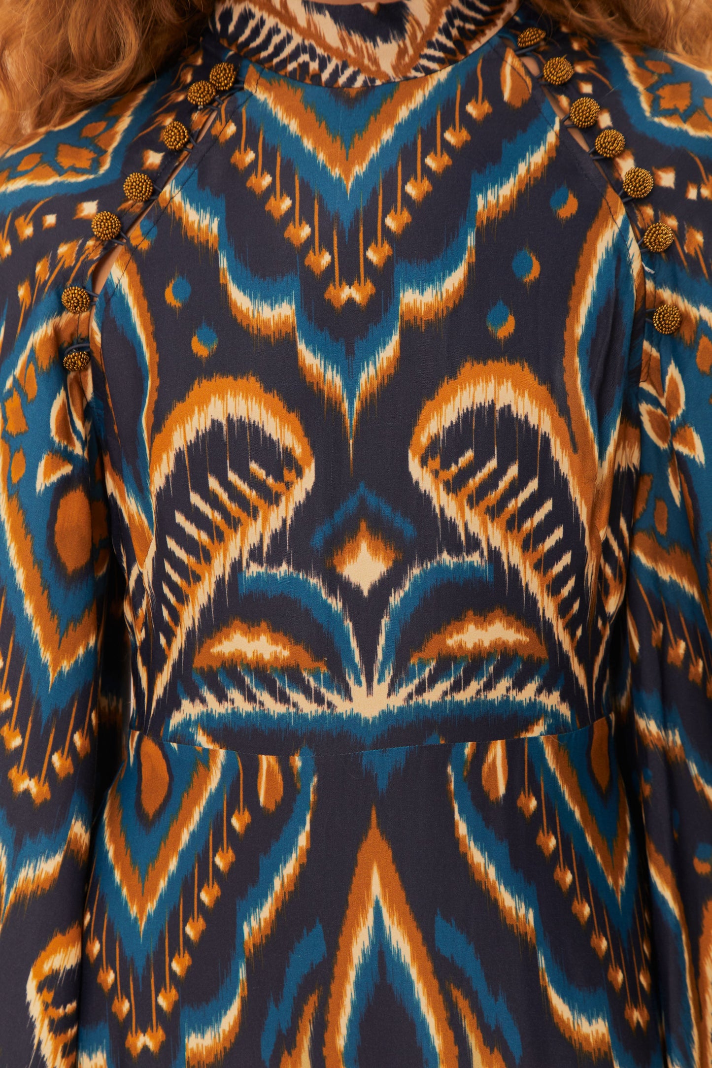 Robe courte en viscose LENZING™ ECOVERO™ Ikat bleu ananas