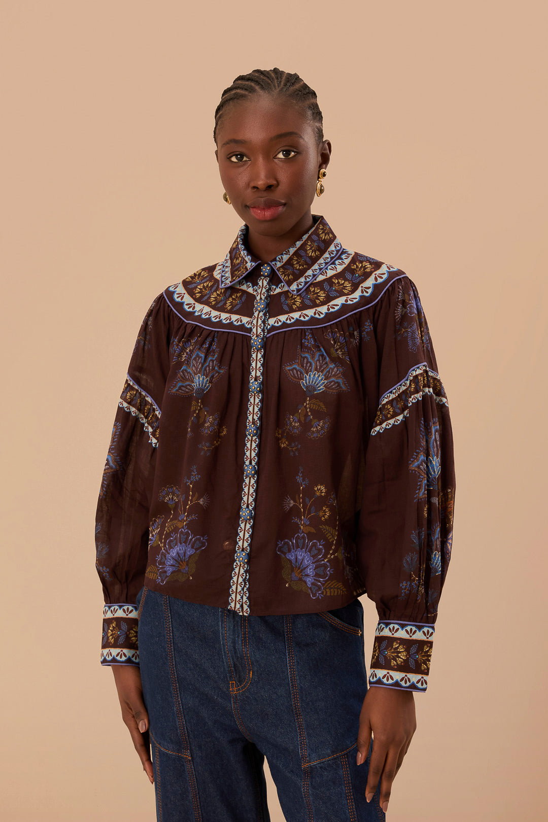 Brown Embroidered Garden Blouse