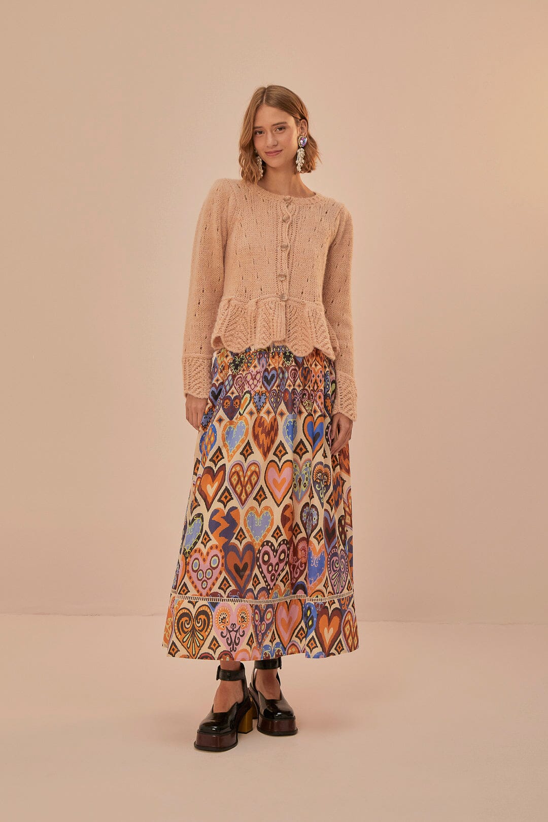 Cream Hearts Ikat Midi Skirt