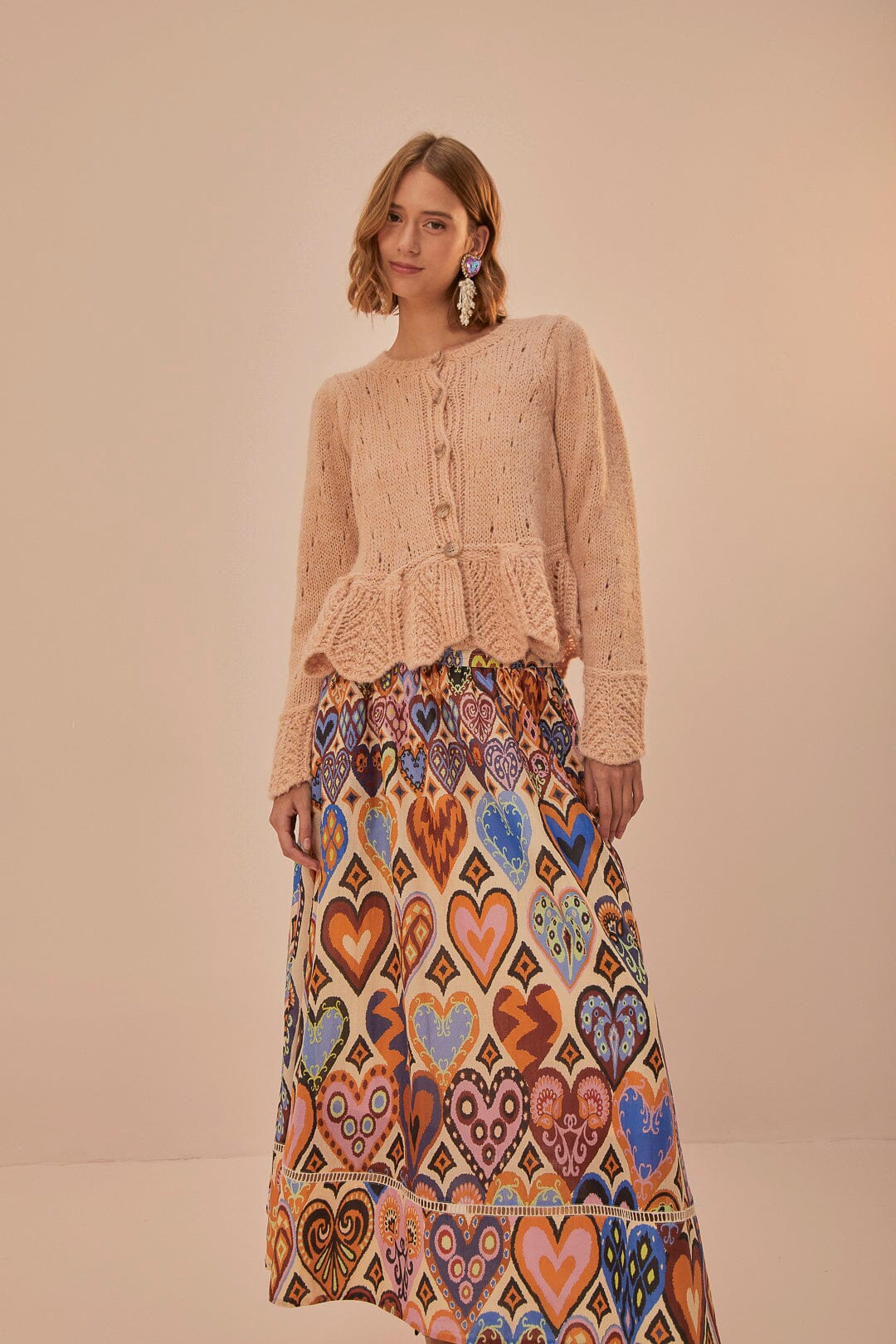 Cream Hearts Ikat Midi Skirt