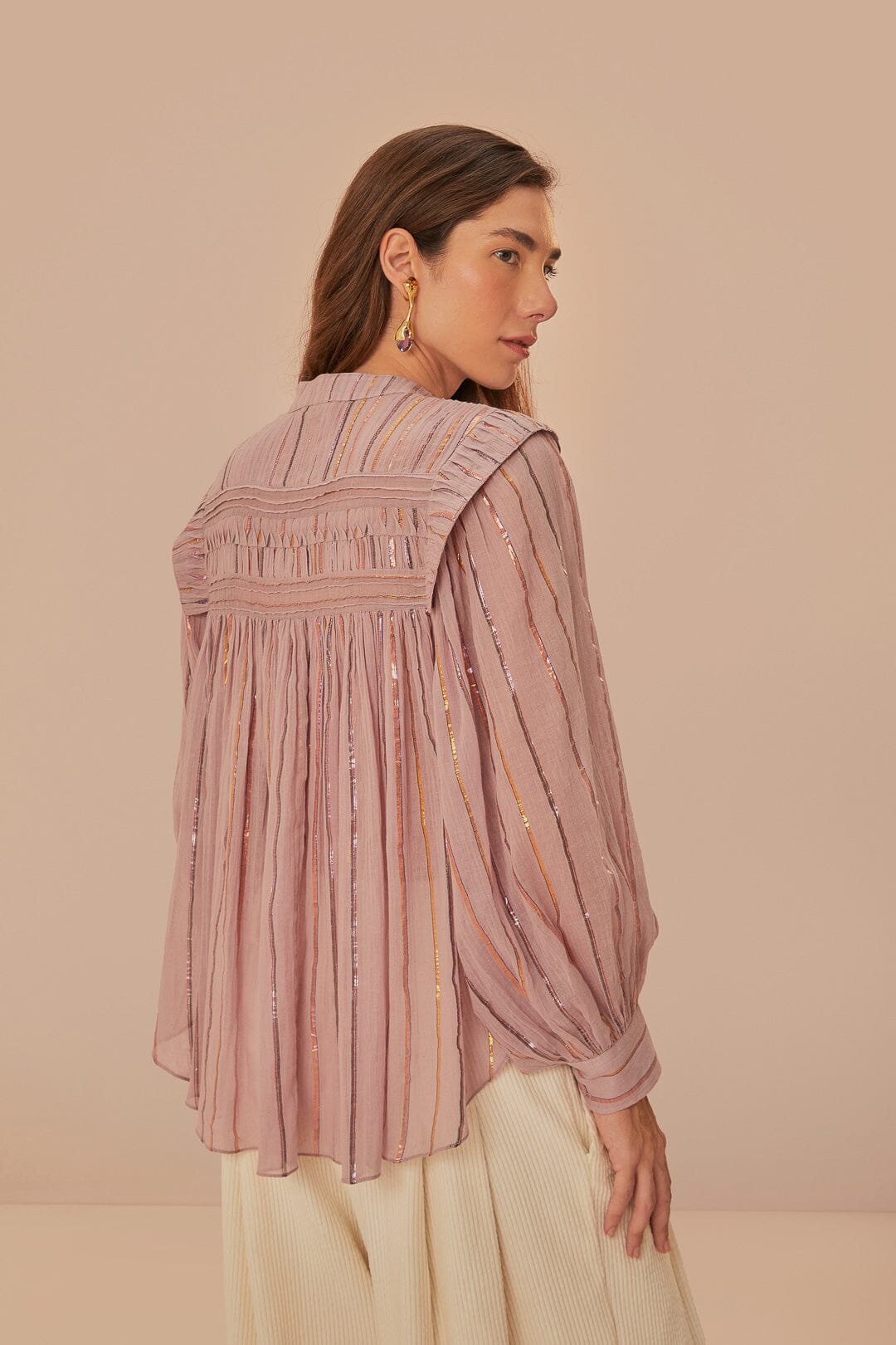 Light Pink Pleated Yoke Long Sleeve Blouse