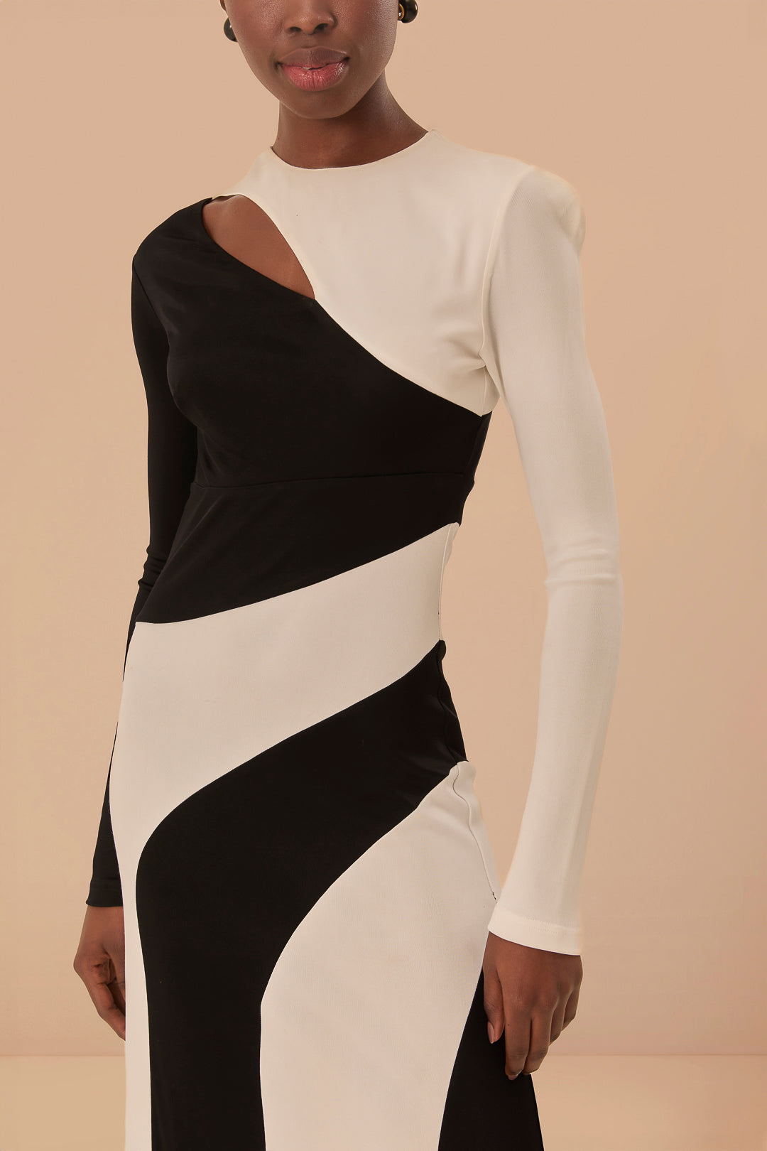 Black And White Cut-Out Long Sleeve Midi Dress