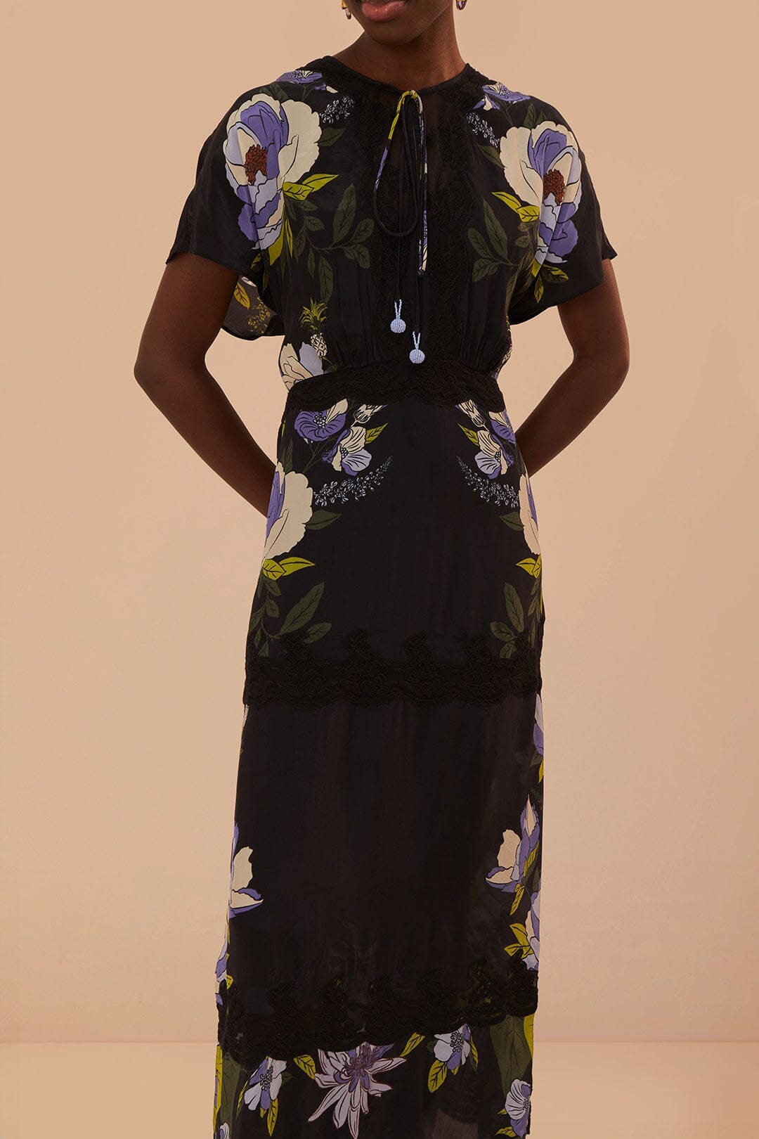 farm rio soft garden lace trim maxi dress Embrace the enchanting allure of the Black Soft Garden Lace Maxi Dress, a symphony of dark elegance and botanical charm. This dress captivates with its round