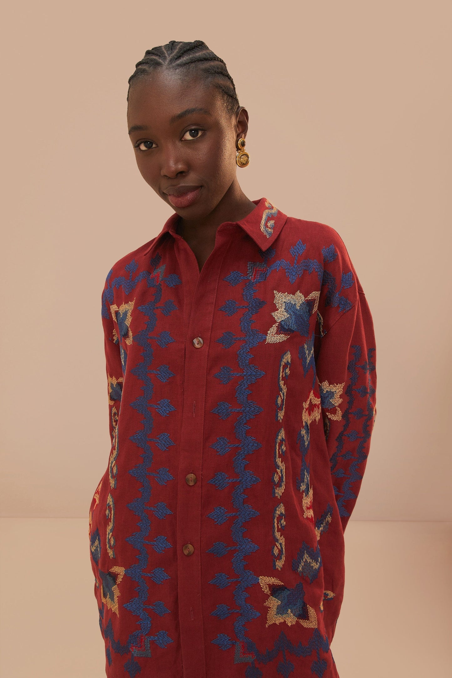 Red Floral Embroidery Jacquard Shirt