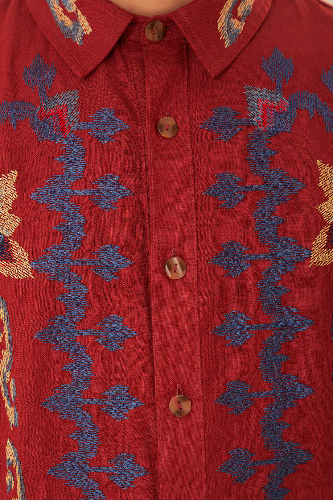 Chemise jacquard à broderie florale rouge