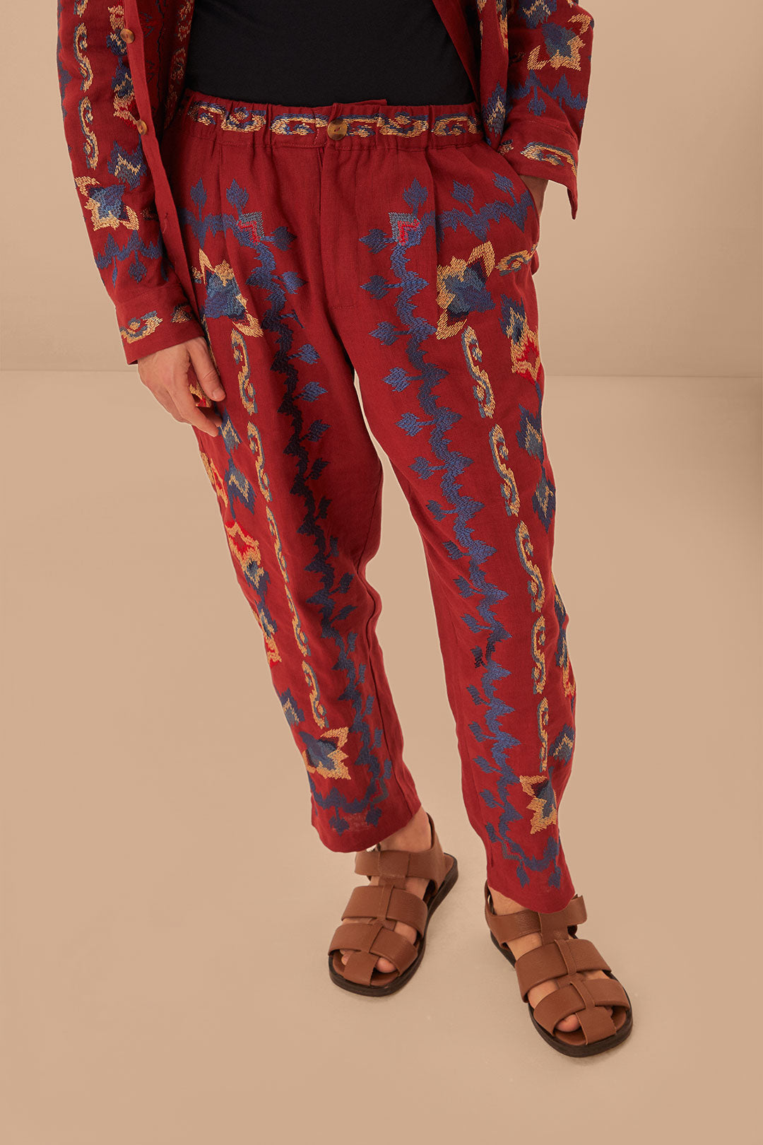 Red Floral Embroidery Jacquard Pants