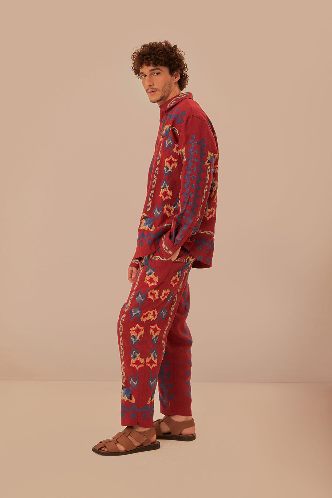 Red Floral Embroidery Jacquard Pants