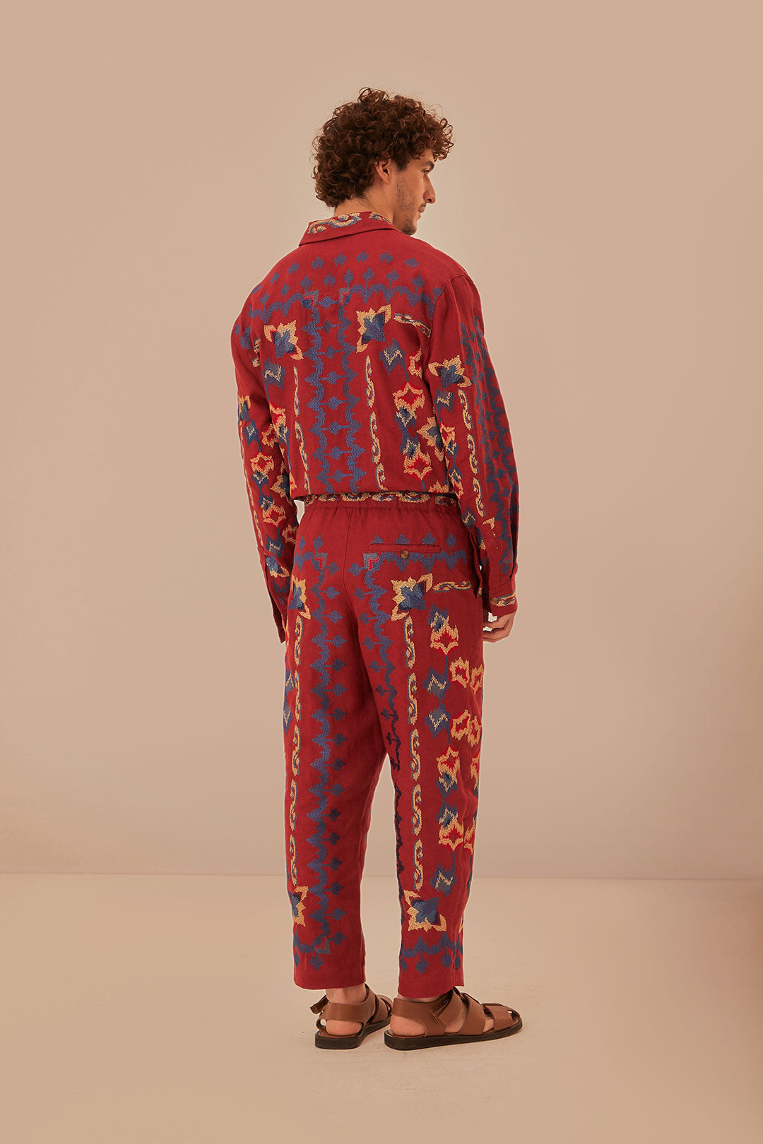 Red Floral Embroidery Jacquard Pants