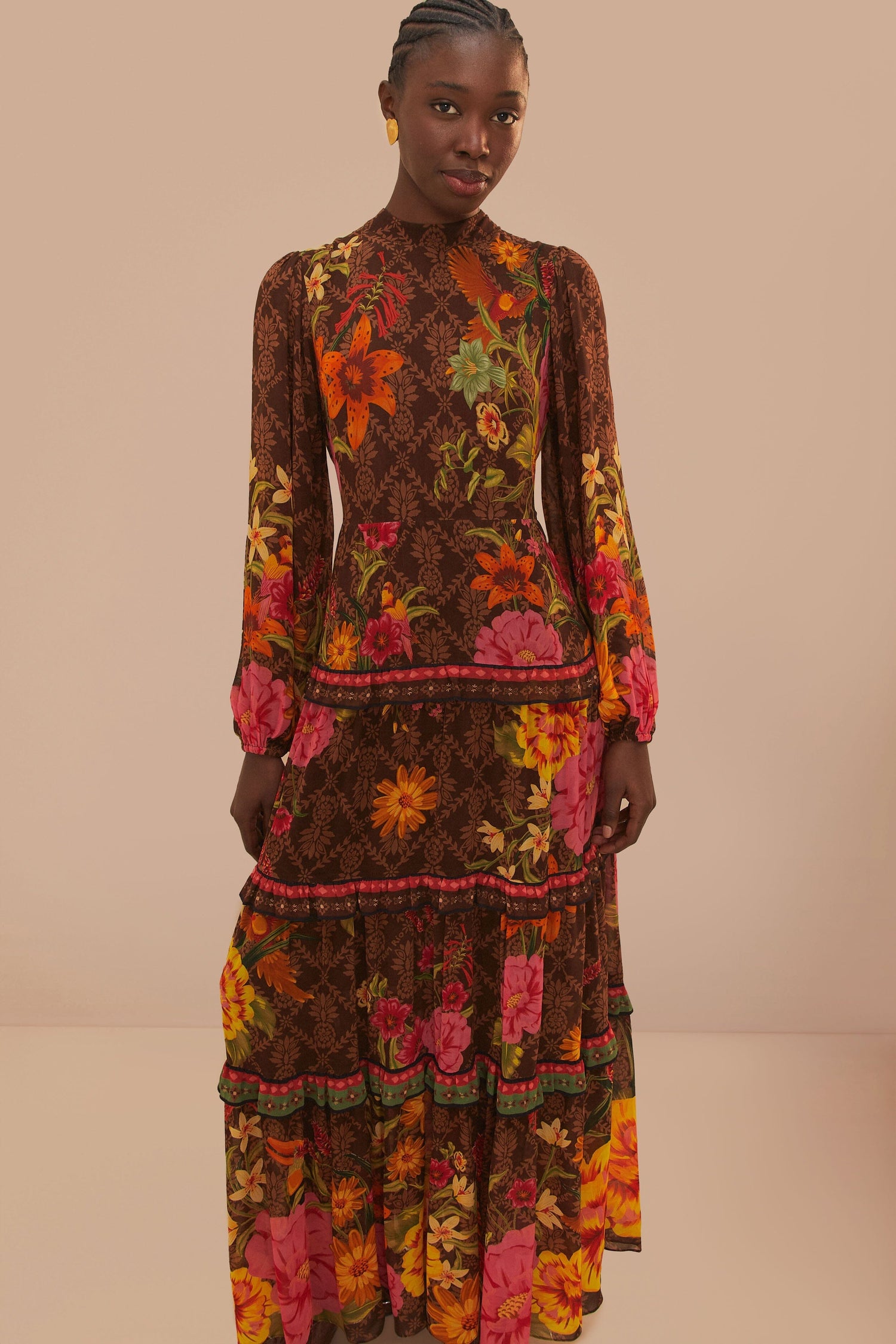brown bright flora long sleeve mini dress farm rio Bright Flora Brown Long Sleeve Mini Dress The RiverLane