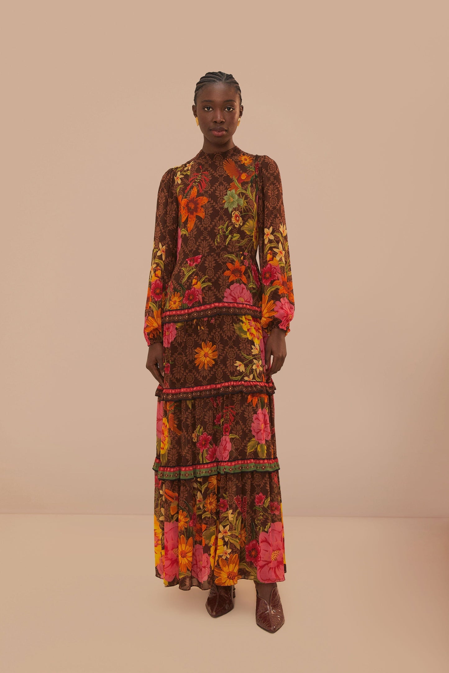 brown delicate garden long sleeve maxi dress Brown Delicate Garden Long Sleeve Maxi Dress FARM Rio