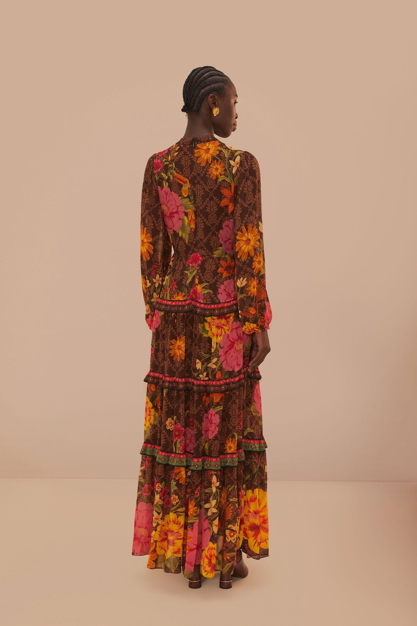 Brown Charming Garden Long Sleeve Maxi Dress FARM Rio Brown Charming Garden Long Sleeve Maxi Dress FARM Rio