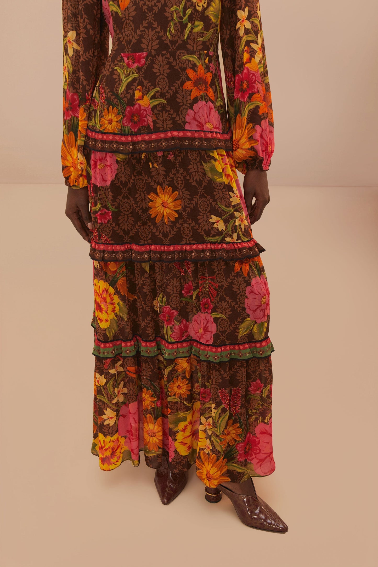 brown delicate garden long sleeve maxi dress FARM Rio Delicate Garden Brown Long Sleeve Maxi Dress