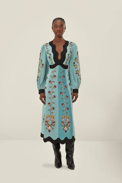 Blue Flowing Beauty Embroidered Long Sleeve Midi Dress FARM Rio Blue Flowing Beauty Embroidered Long Sleeve Midi Dress FARM Rio