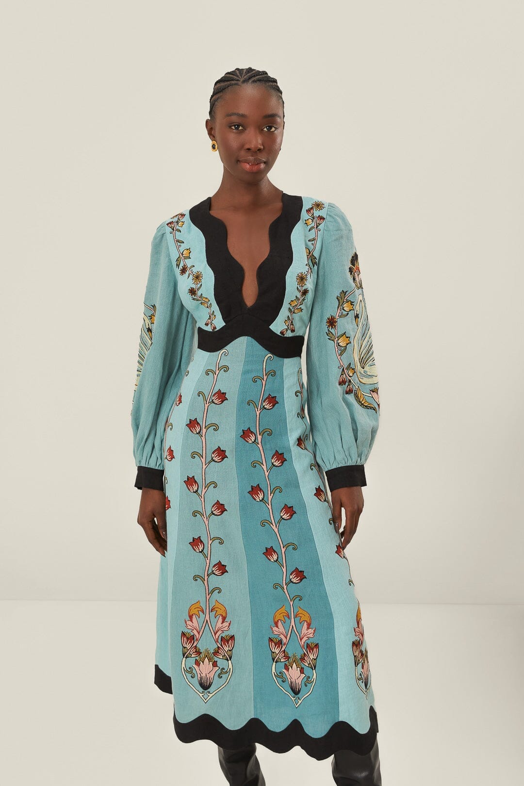 Blue Flowing Beauty Embroidered Long Sleeve Midi Dress FARM Rio Blue Flowing Beauty Embroidered Long Sleeve Midi Dress FARM Rio