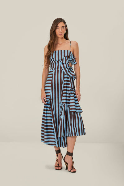 farm rio blue flower stripes midi dress Brown and Blue Tropical Flight Stripes Midi Dress – FARM Rio