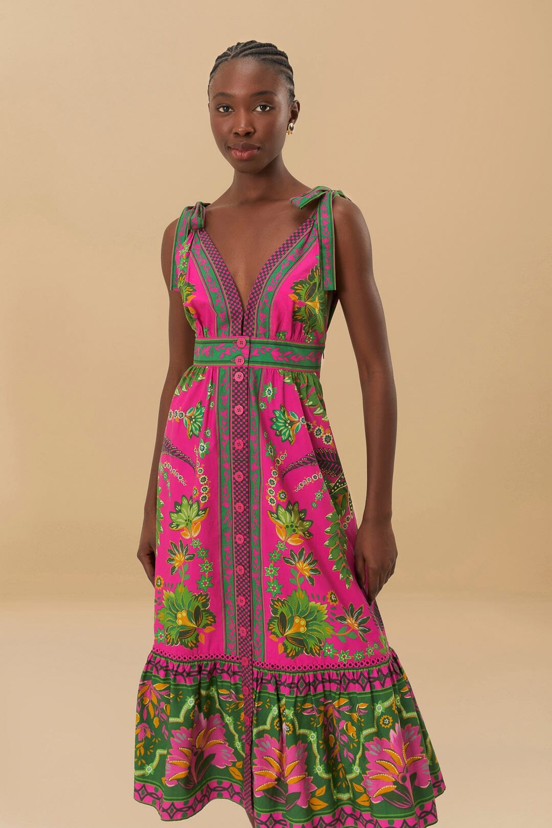 farm rio flower tapestry midi dress Green Floral Delhi Tapestry Beaded Straps Midi Dress