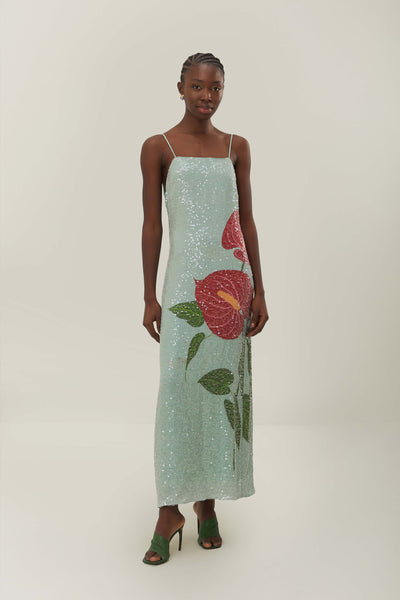 strapless open back dress Blue Anthurium Flowers Slip Maxi Dress – FARM Rio