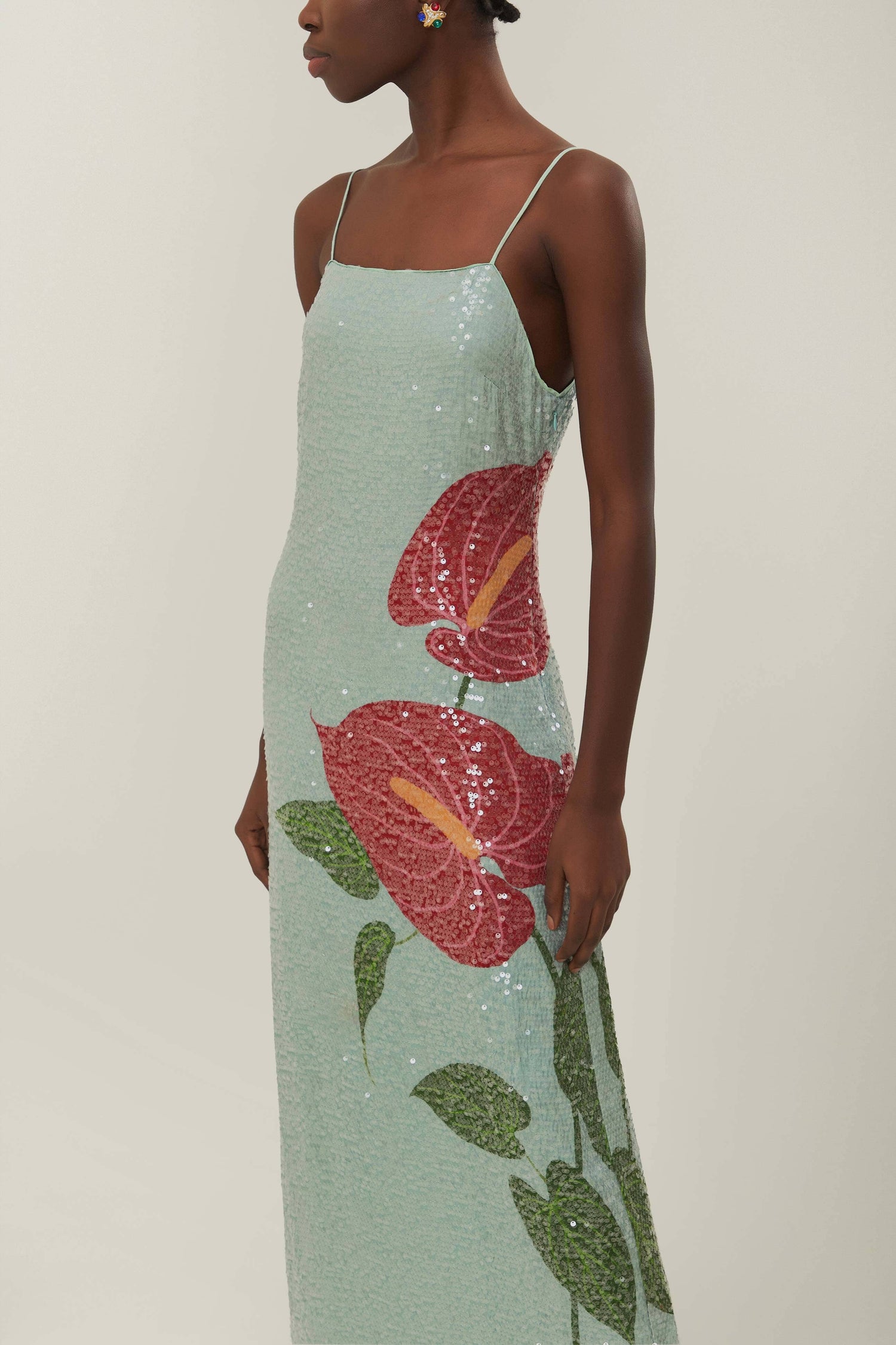 pink anthurium flowers slip maxi dress Midi Skirt Flower Skirt Pink Dress Pink Anthurium Flowers Sequins Midi Skirt FARM Rio