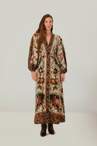 blue beauty bouquet long sleeve maxi dress Flowing – FARM Rio Color:Terracota Black and White A-Line Flattering left Antique Gold Sequin Knit