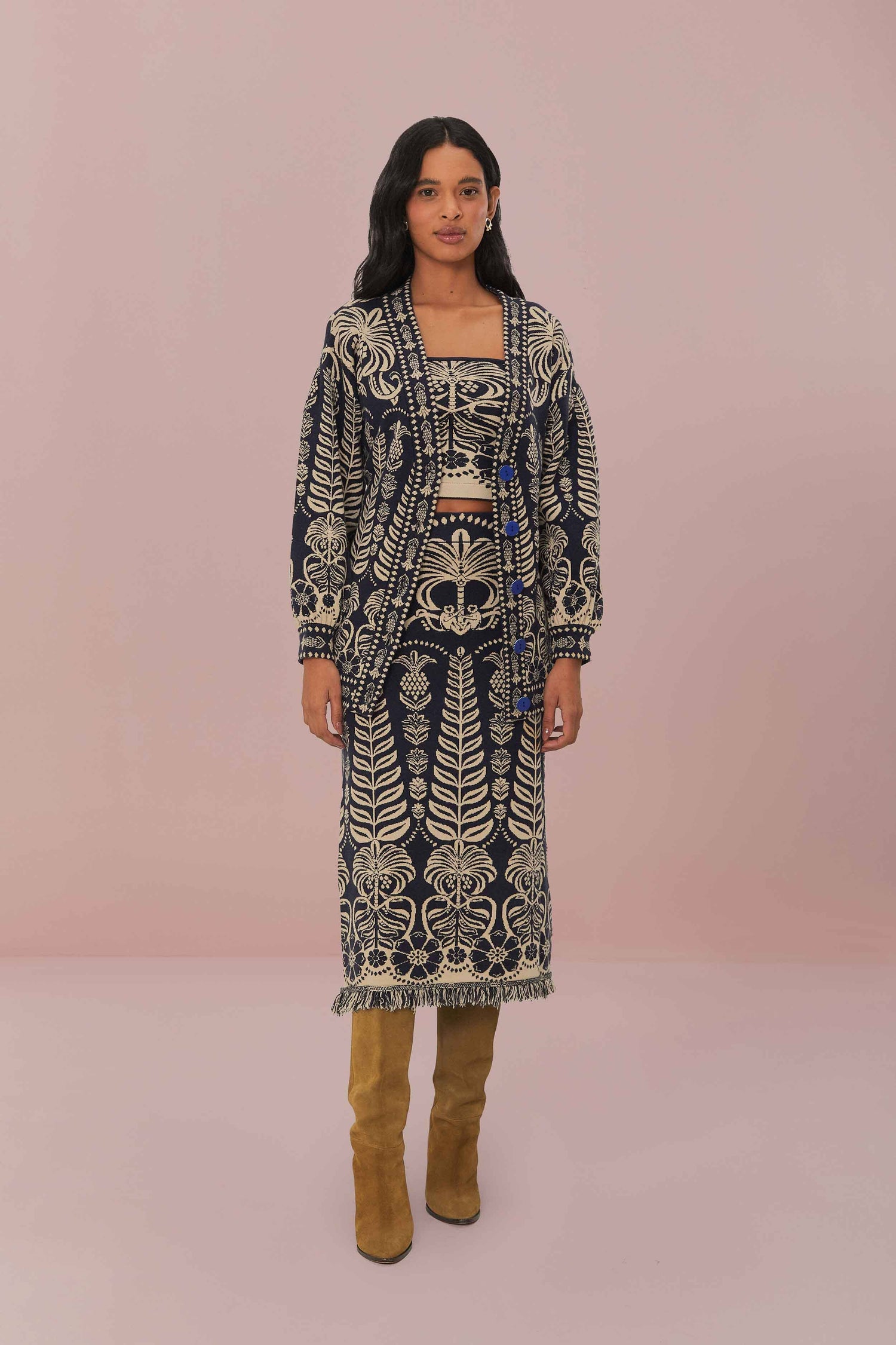 Navy Blue Ainika Tropical Splendor Knit Midi Skirt – FARM Rio