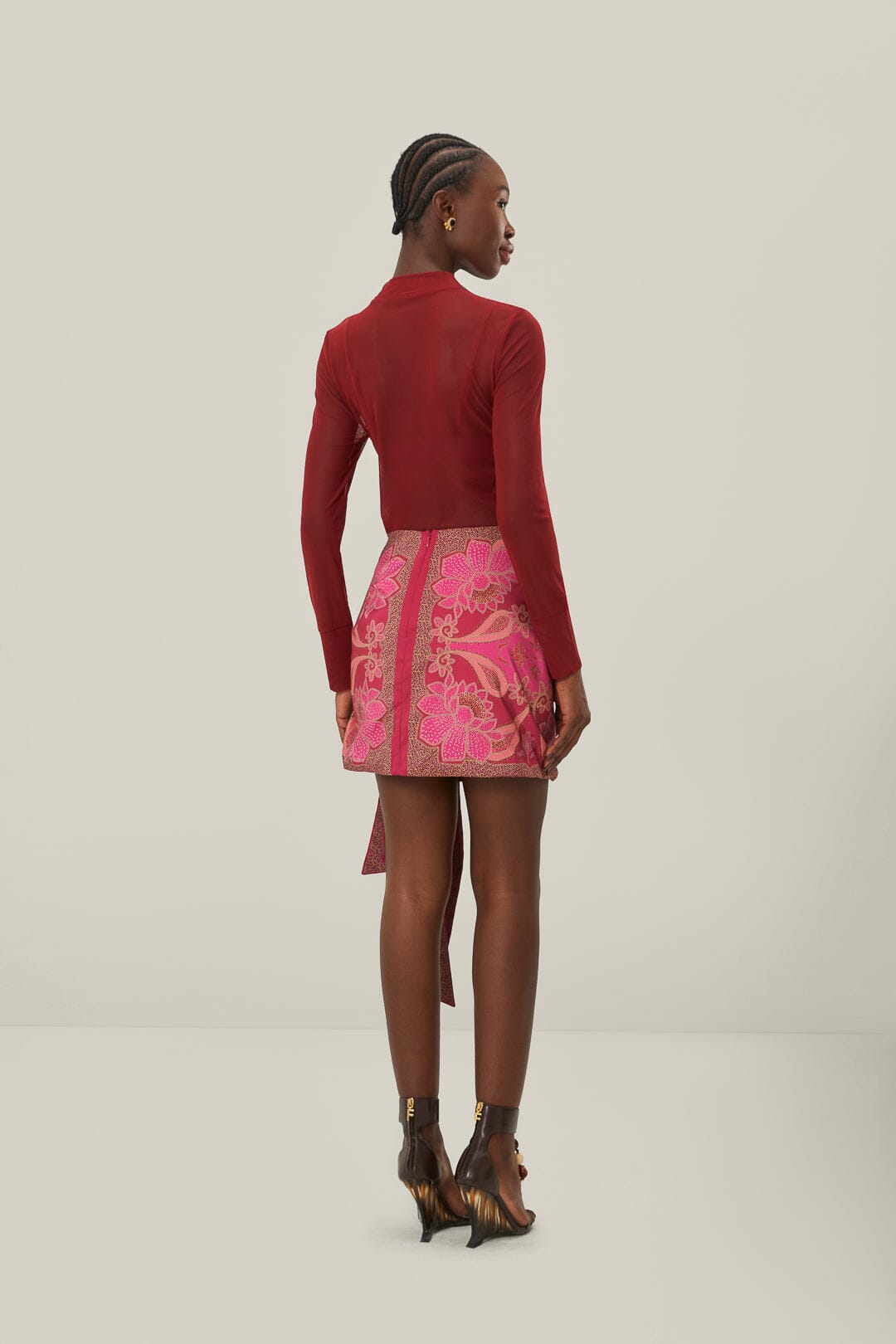 Red Floral Glam Scarf Tie Gathering Mini Skirt