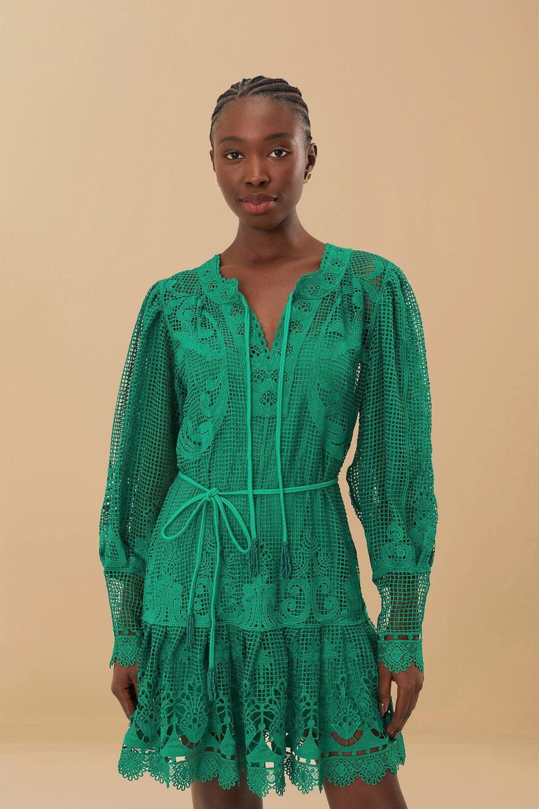 ROBE MINI EN GUIPURE VERTE VOL TROPICAL