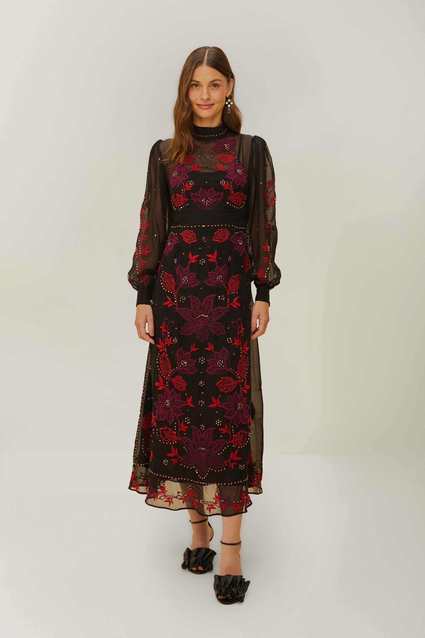 Black Organza Long Sleeve Midi Dress FARM Rio Black Organza Long Sleeve Midi Dress FARM Rio