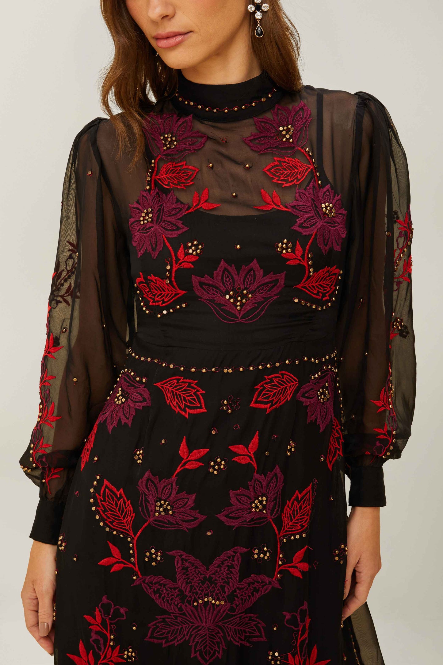 knee length dresses for ladies Black Bold Flowers Long Sleeve Midi Dress knee length dresses for ladies Black Bold Flowers Long Sleeve Midi Dress