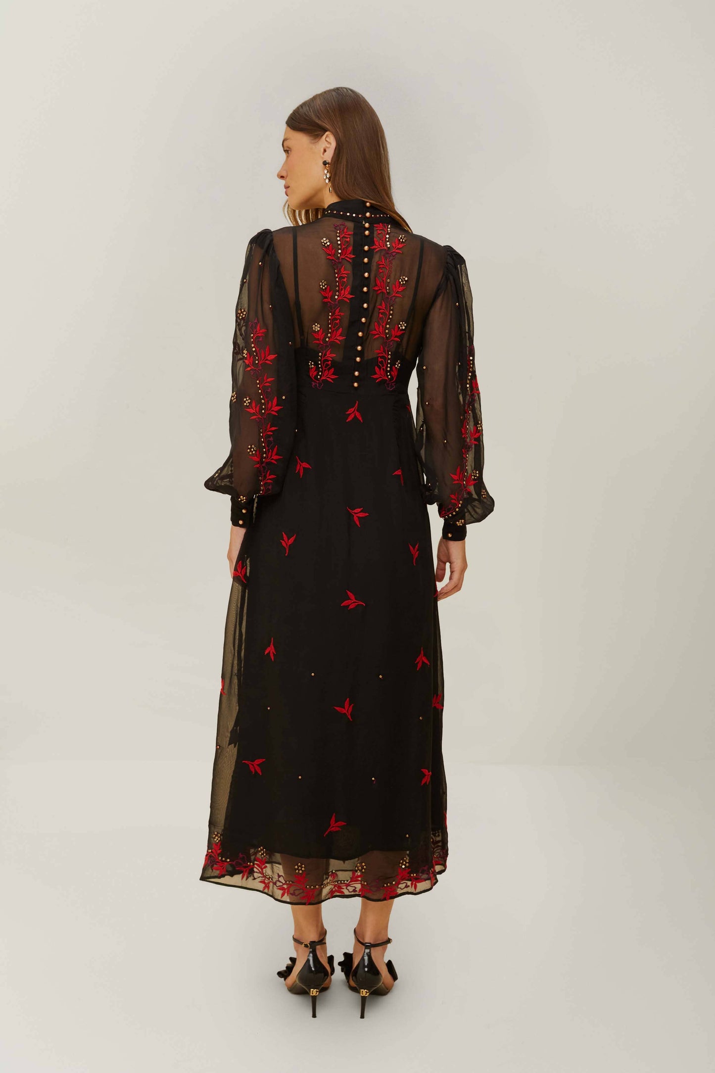 Black Organza Long Sleeve Midi Dress FARM Rio Black Organza Long Sleeve Midi Dress FARM Rio