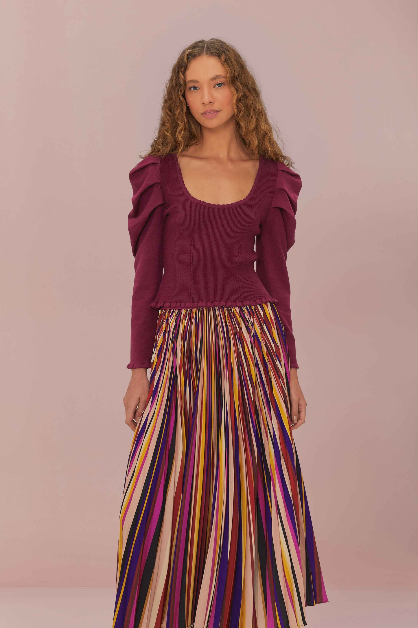 Multicolor Diagonal Stripes Pleated Maxi Skirt