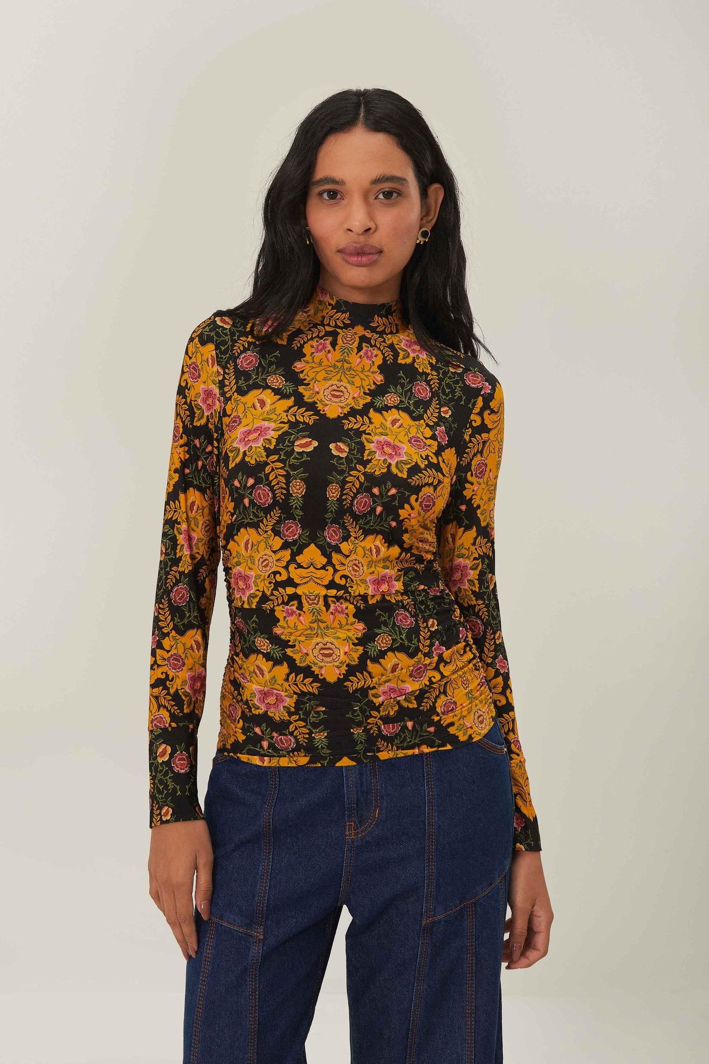 Black Arabesque Floral Jersey Blouse