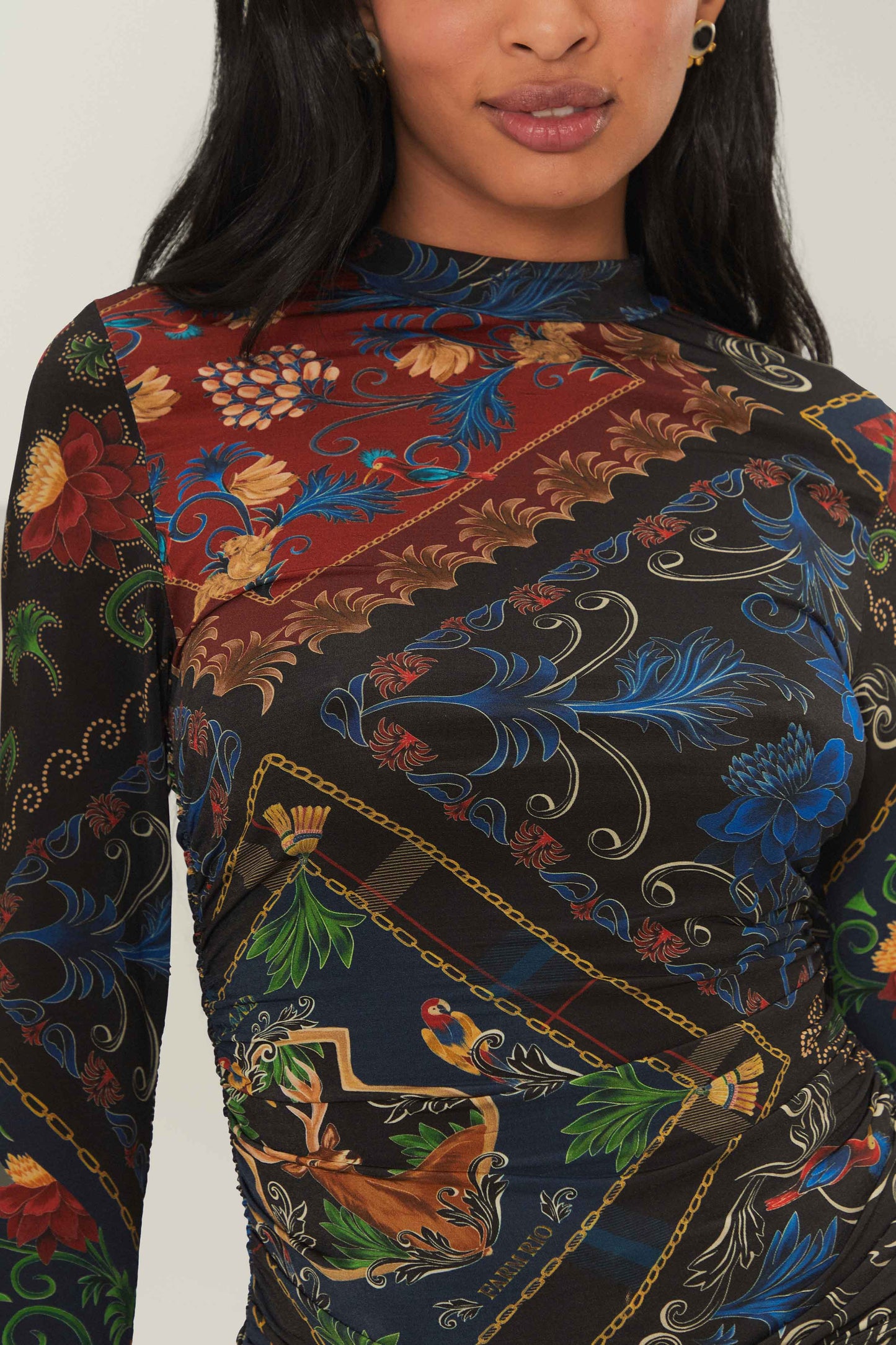 black mixed arabesque scarves long sleeve maxi dress Farm Rio Mixed Arabesque Scarves Maxi Dress - Mixed Arabesque Scarves Black
