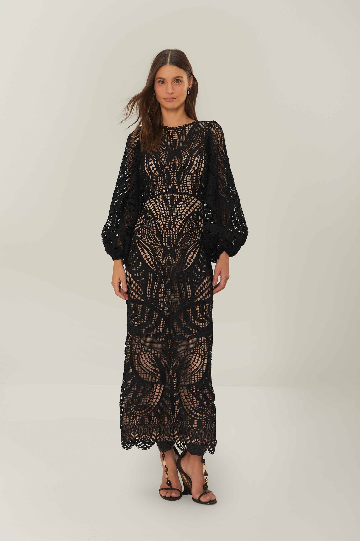 Black Nature Guipure Midi Dress FARM Rio Black Nature Guipure Midi Dress FARM Rio