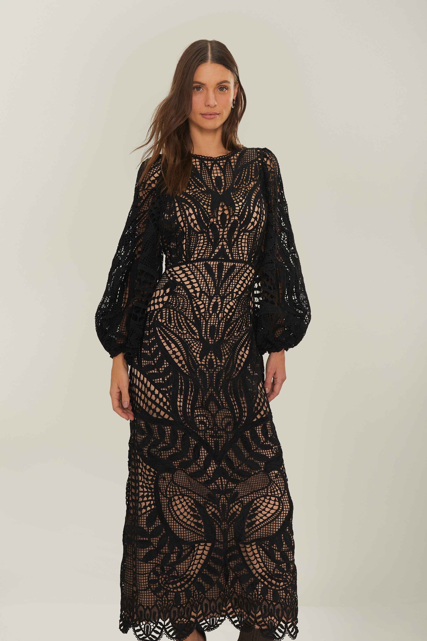 black nature guipure lace midi dress Farm Rio Nature Guipure Midi-Dress