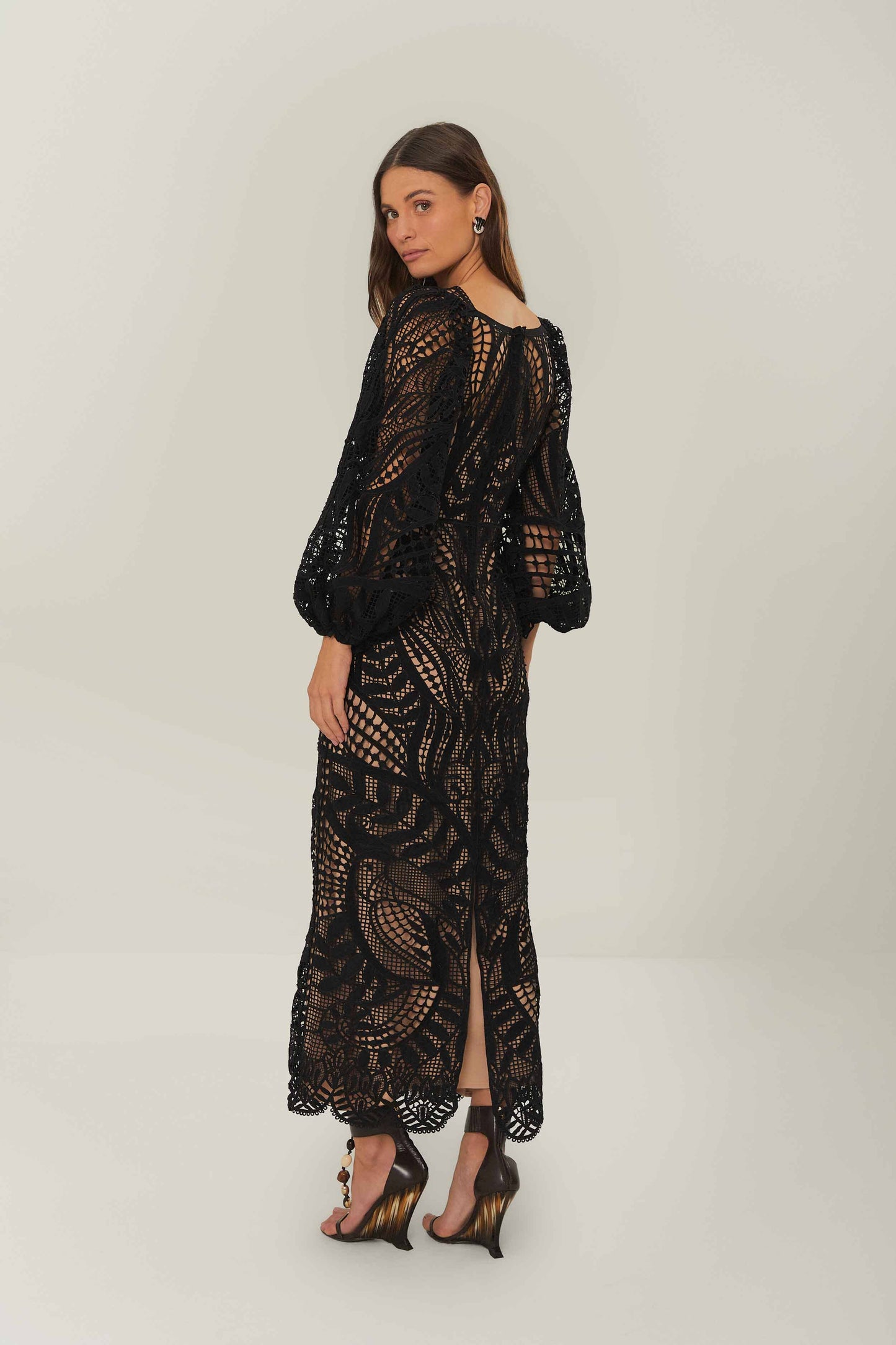 fitted lace wedding dress Black Nature Guipure Midi Dress FARM Rio fitted lace wedding dress Black Nature Guipure Midi Dress FARM Rio