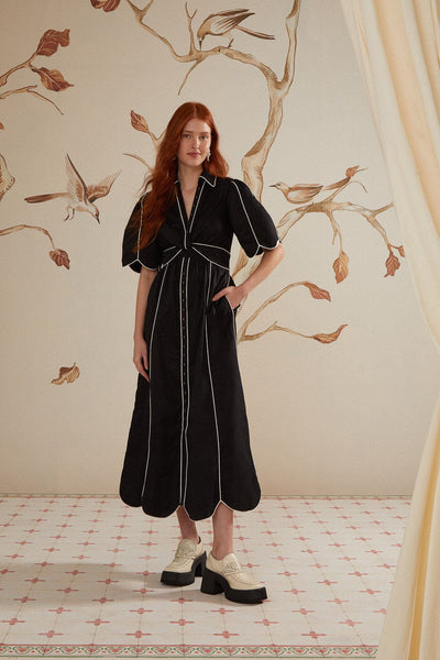 knee length dresses for ladies Organic Cotton Premium Boatneck Midi Dress Black & White main image 0