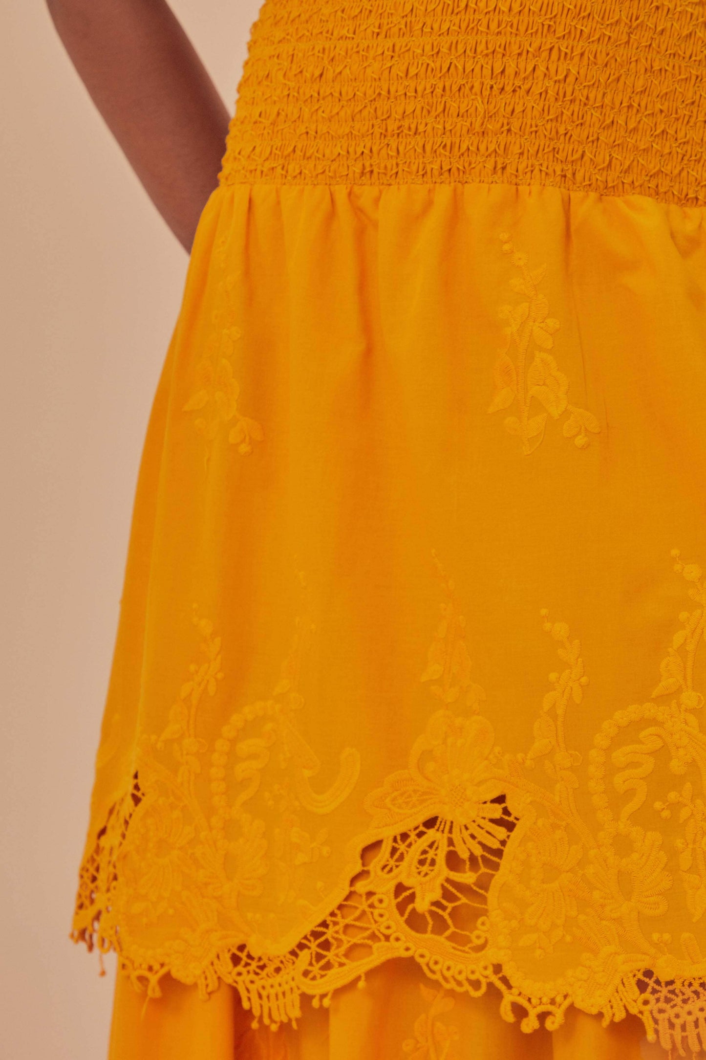 Yellow Mustard Tiered Lace Midi Skirt