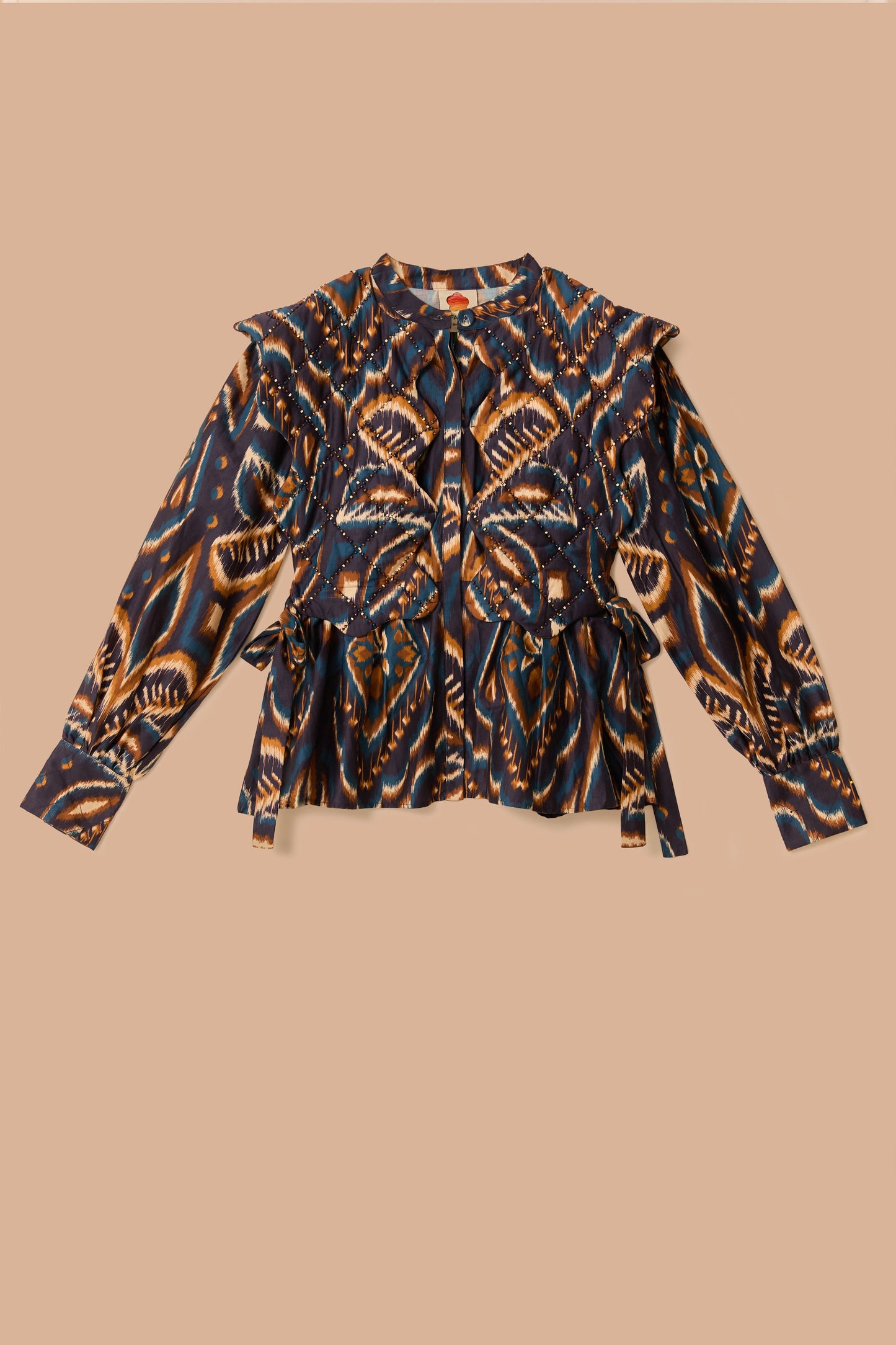 Blue Pineapple Ikat Long Sleeve Matelasse Blouse