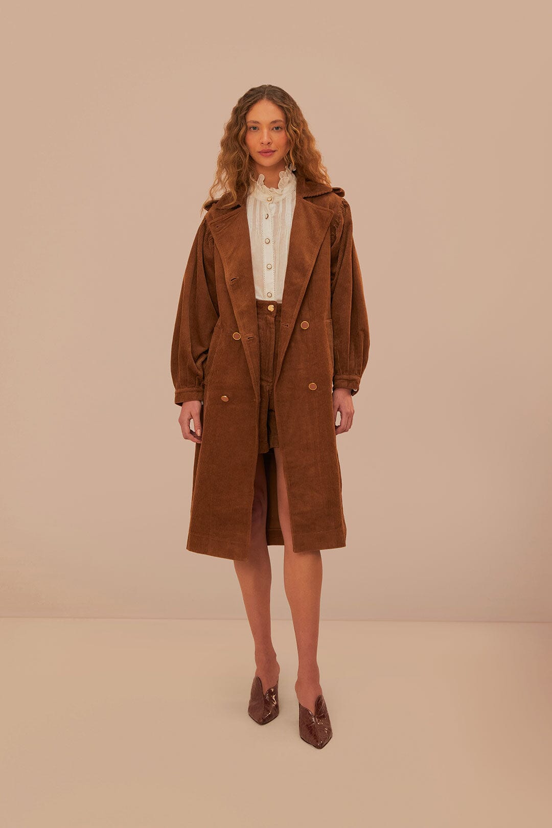 Trench-coat en velours côtelé caramel