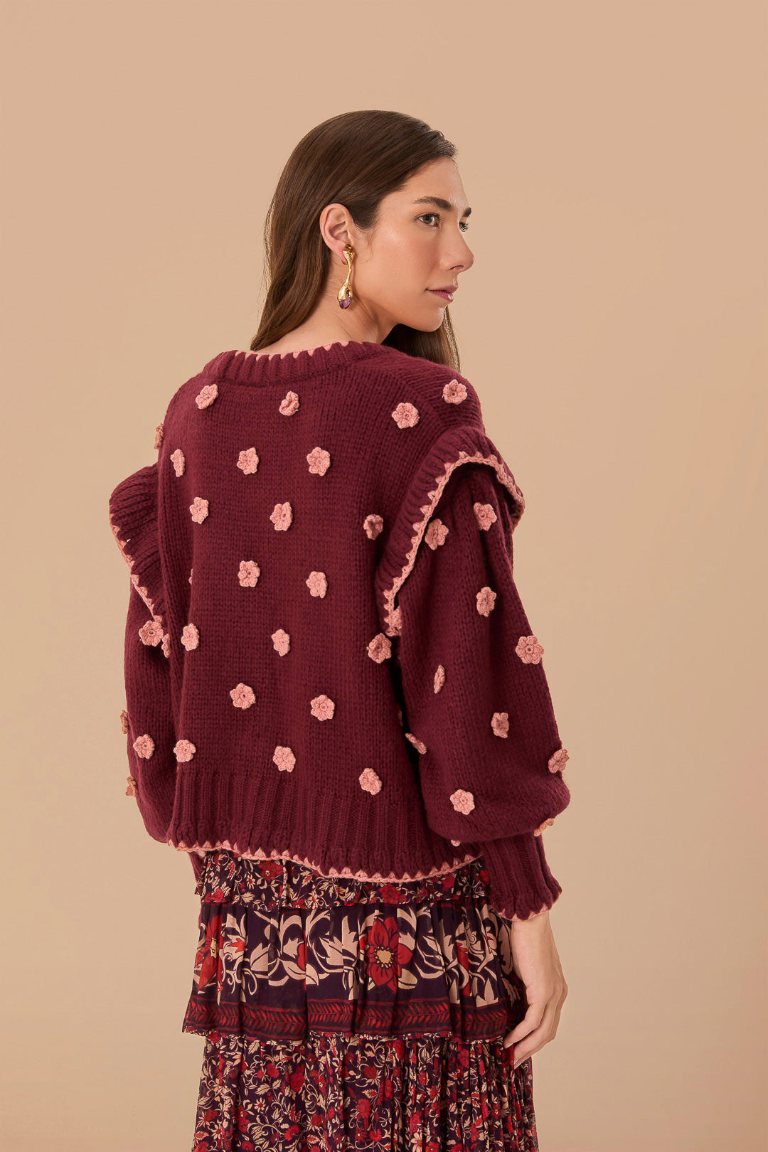 Burgundy Crochet Flowers Knit Cardigan