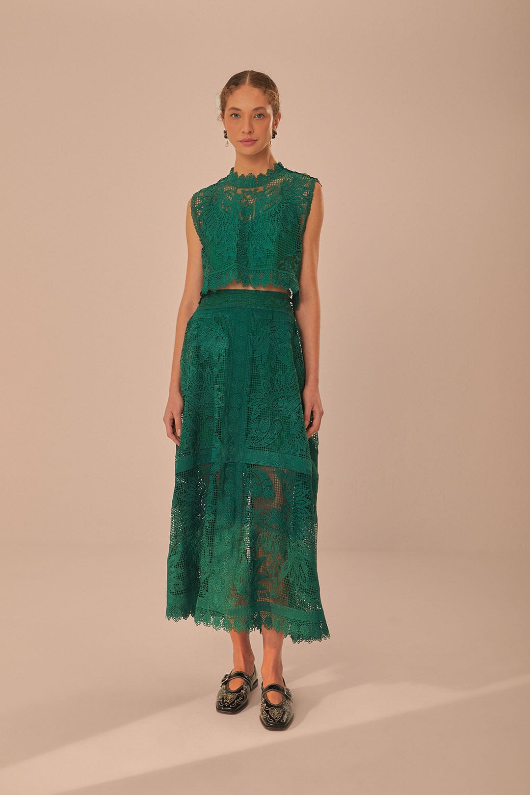 Green Toucans Guipure Sleeveless Top FARM Rio Green Toucans Guipure Sleeveless Top FARM Rio