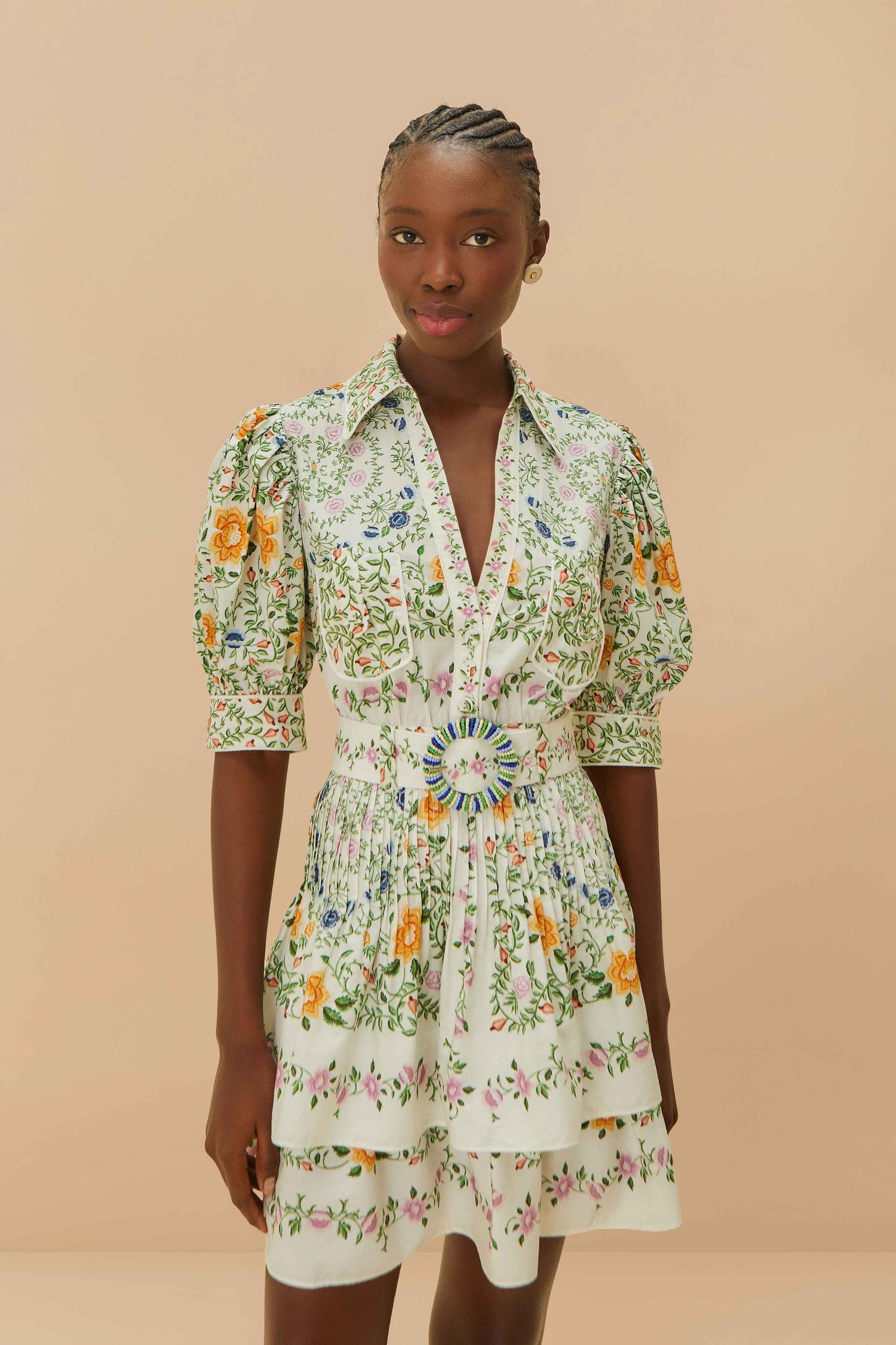 Folk Floral Off-White Mini Dress Short Sleeve FARM Rio Folk Floral Off-White Mini Dress Short Sleeve FARM Rio