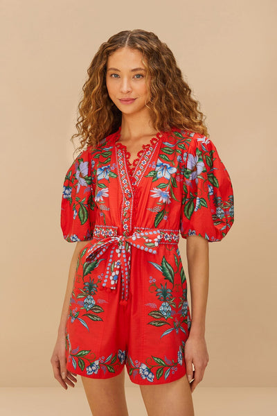farm rio sweet bloom bouquet red sleeveless mini dress Sweet Bloom Bouquet linen-blend minidress in red - Farm Rio
