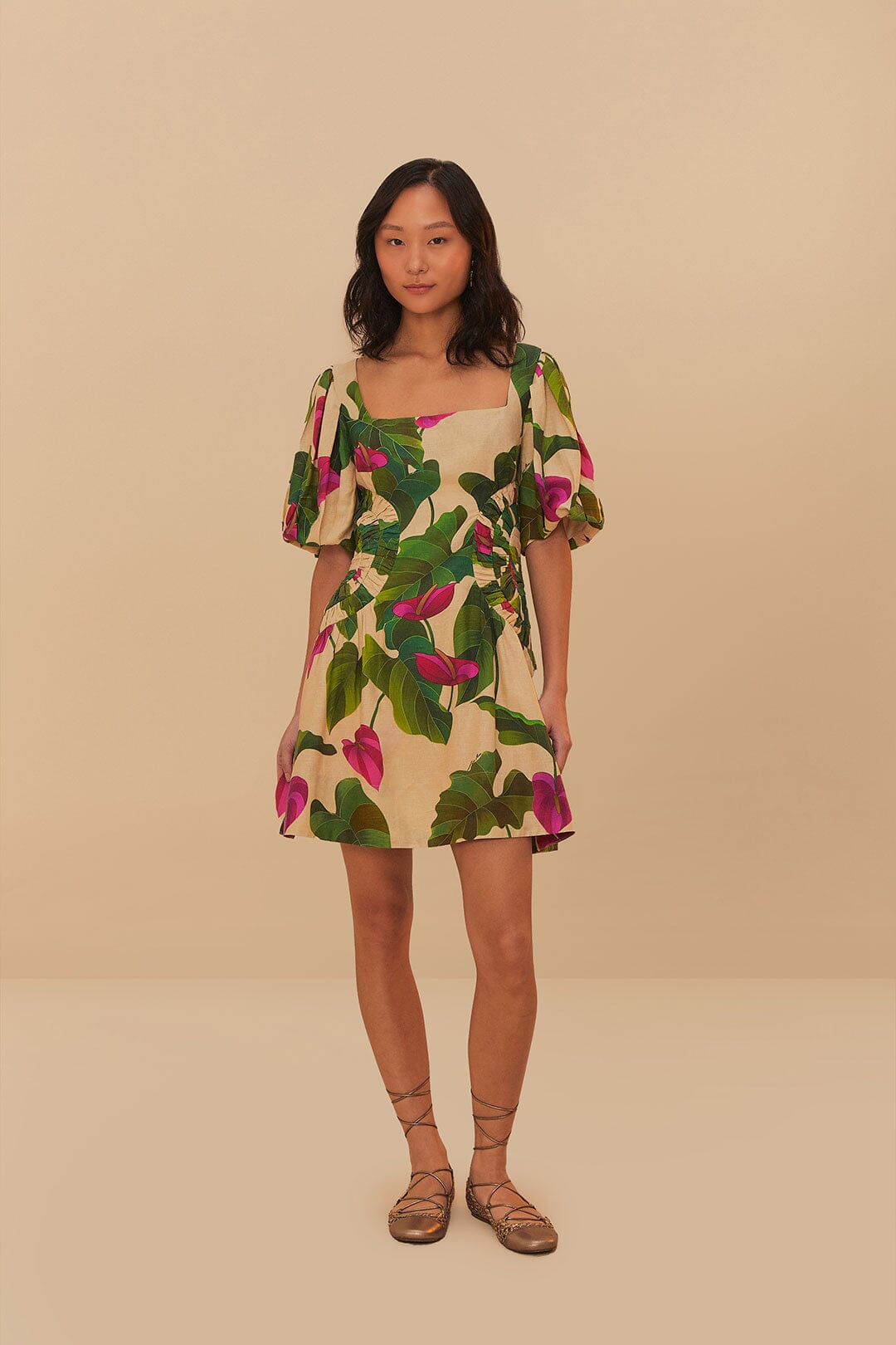 farm rio anthurium dress Anthurium Leaves Sand Short Sleeve Square Neckline Mini Dress – FARM Rio